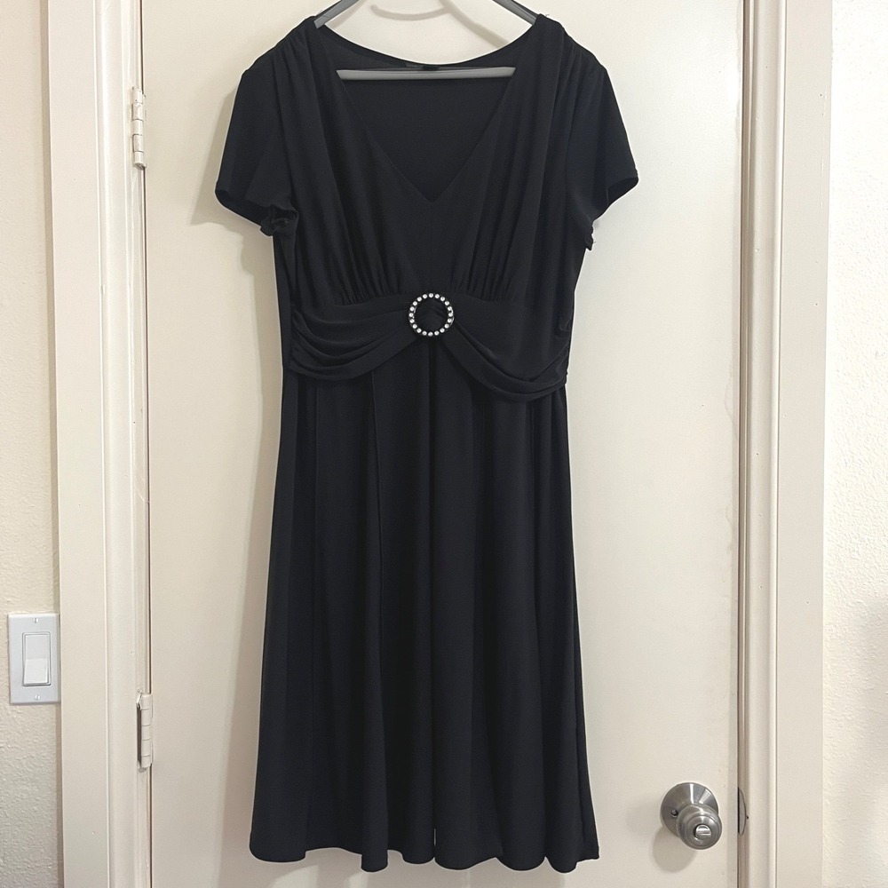 Perceptions New York Womens Empire Waist Dress 16 Black Rhinestone Buckle Ruched